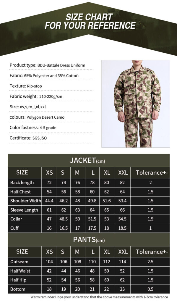 BDU Uniform Nigeria Desert Size Chart