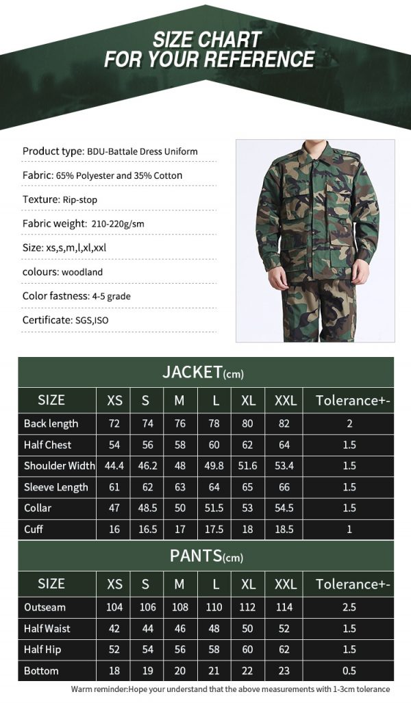 BDU Uniform Size Chart